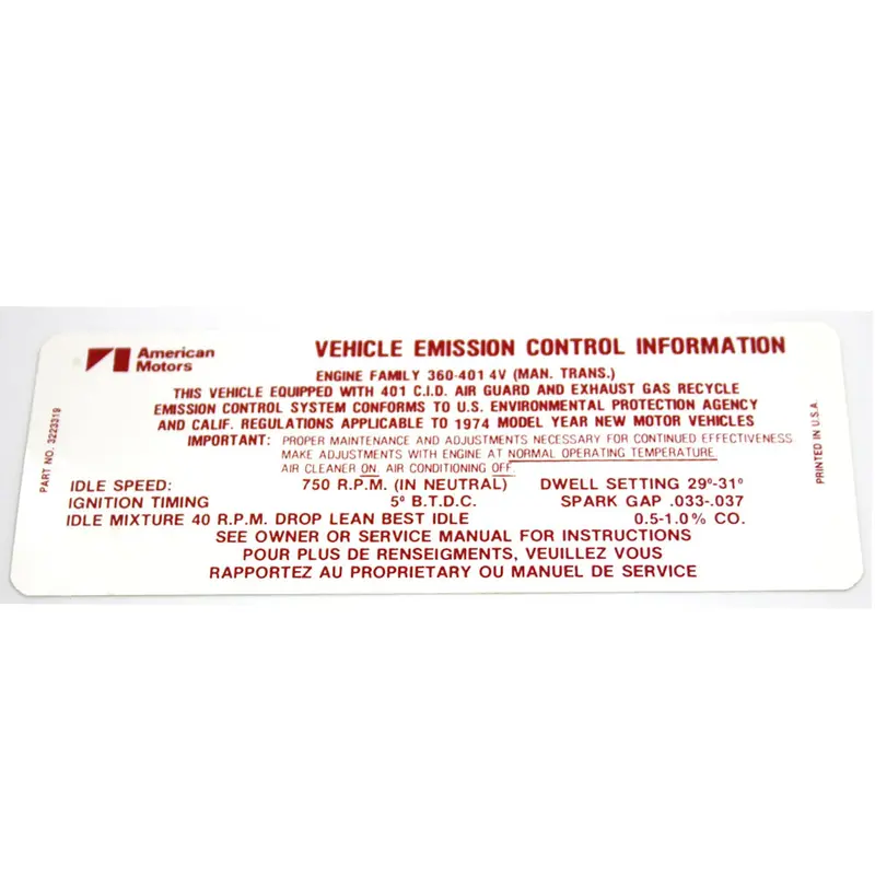 Emission Decal, 401 V-8 Manual Transmission, 3223319, 1974 Amc 1