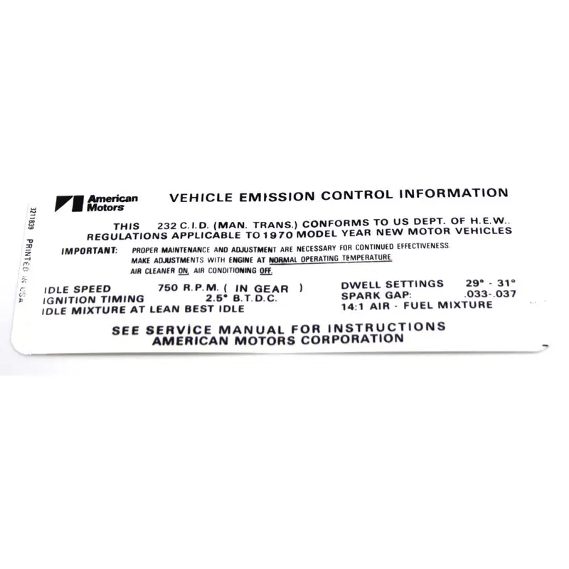 Emission Decal, 6 Cylinder Manual Transmission, 1970 Amc 232 1