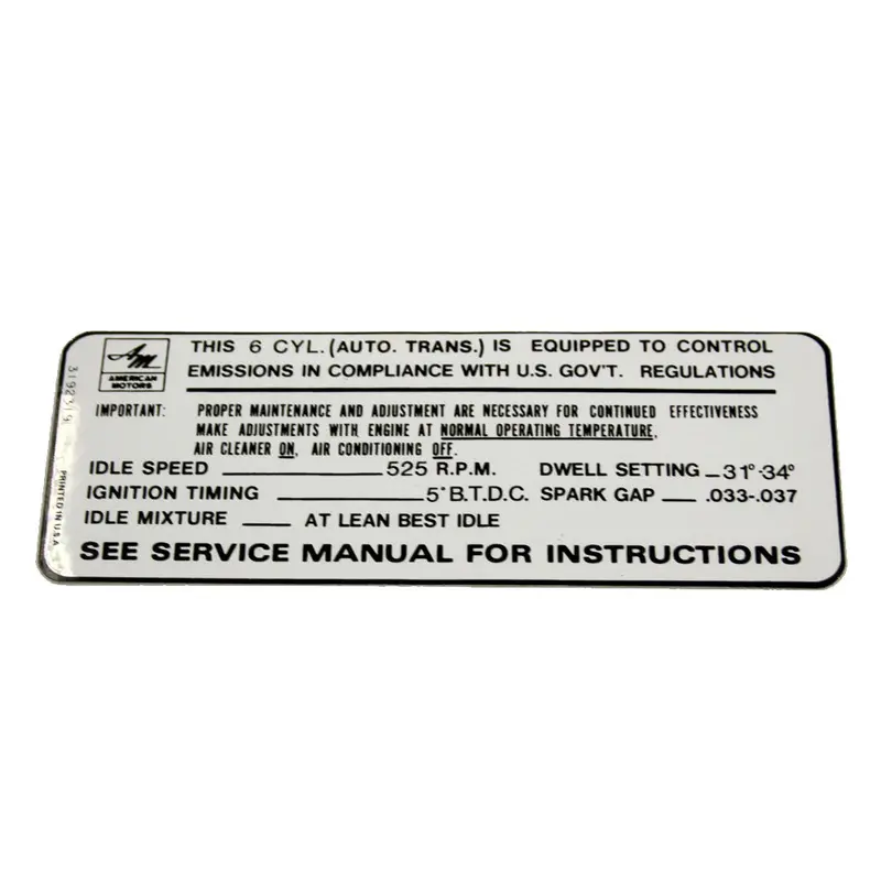 Emission Decal, 6-Cylinder W/Automatic Transmission, 1968-69 Amc 1