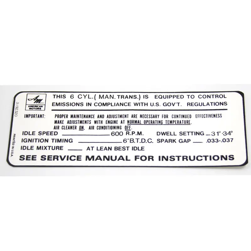 Emission Decal, 6-Cylinder W/Manual Transmission, 1968-69 Amc 1