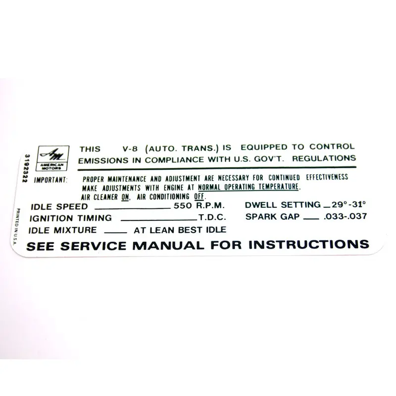 Emission Decal, V-8 Automatic, 1968-69 Amc 1