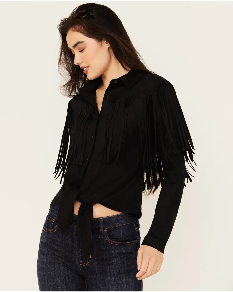 Fate Faux Suede Fringe Long Sleeve Button-Down Tie-Front Shirt 1