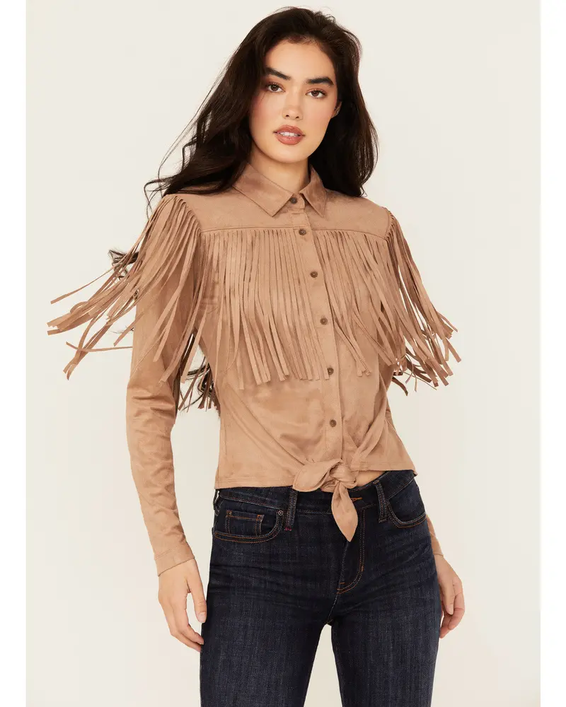 Fate Faux Suede Fringe Long Sleeve Button-Down Tie-Front Shirt 1
