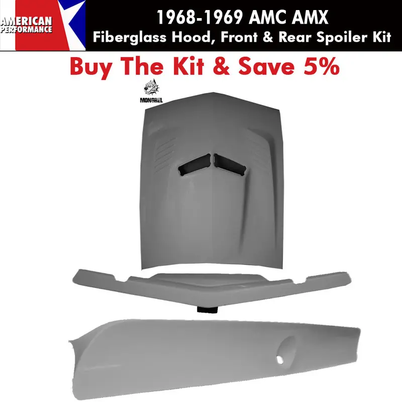 Fiberglass "Mongrel" Hood, Front & Rear Spoiler Kit, 1968-69 Amc Amx - Ships Truck Freight In Approx. 2-4 Weeks, Freight Charges Will Be Invoiced Separately 1