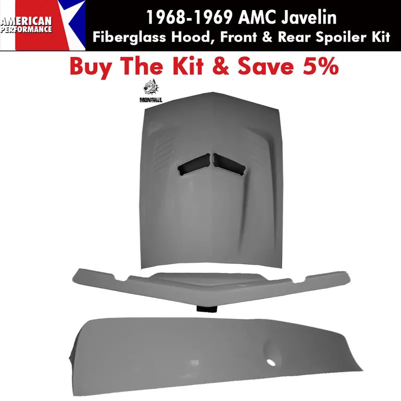 Fiberglass "Mongrel" Hood, Group 19 Style Front & Mark Donohue Style Rear Spoiler Kit, 1968-69 Amc Javelin - Ships Truck Freight In Approx. 2-4 Weeks, Freight Charges Will Be Invoiced Separately 1