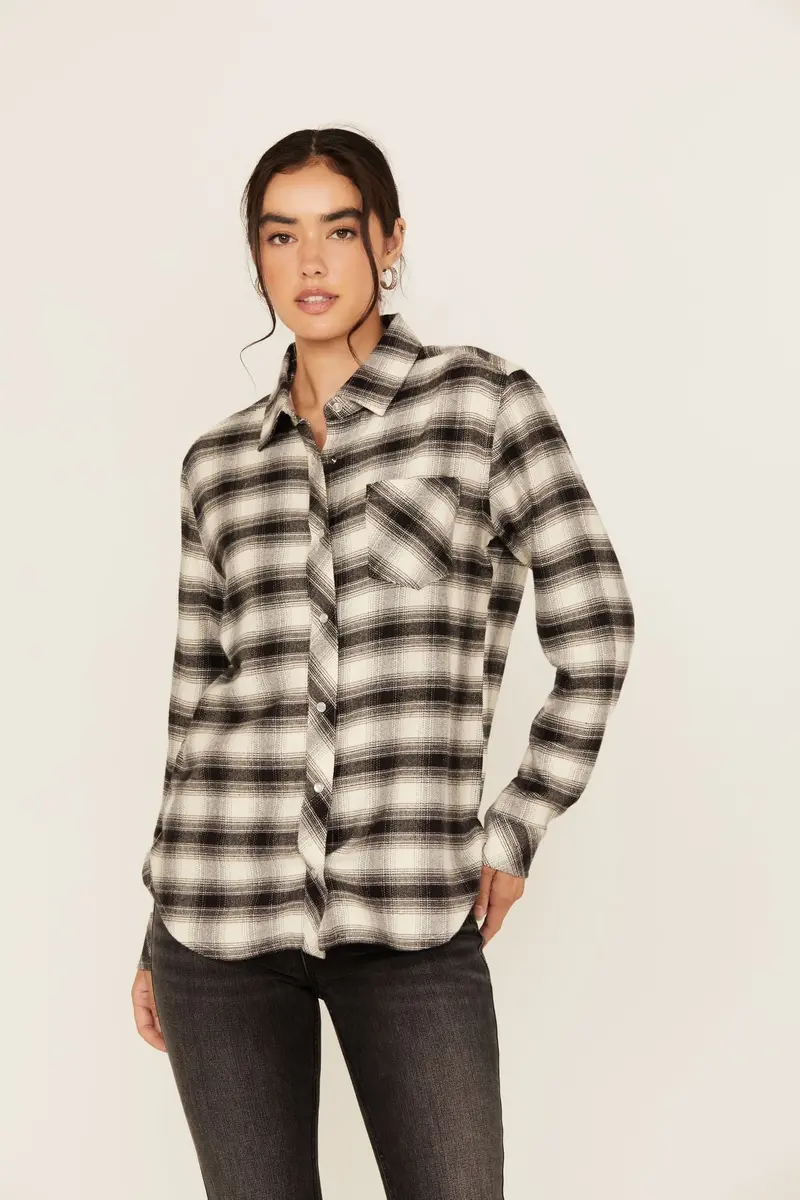 Flannel Plaid Print Long Sleeve Snap Shirt 1