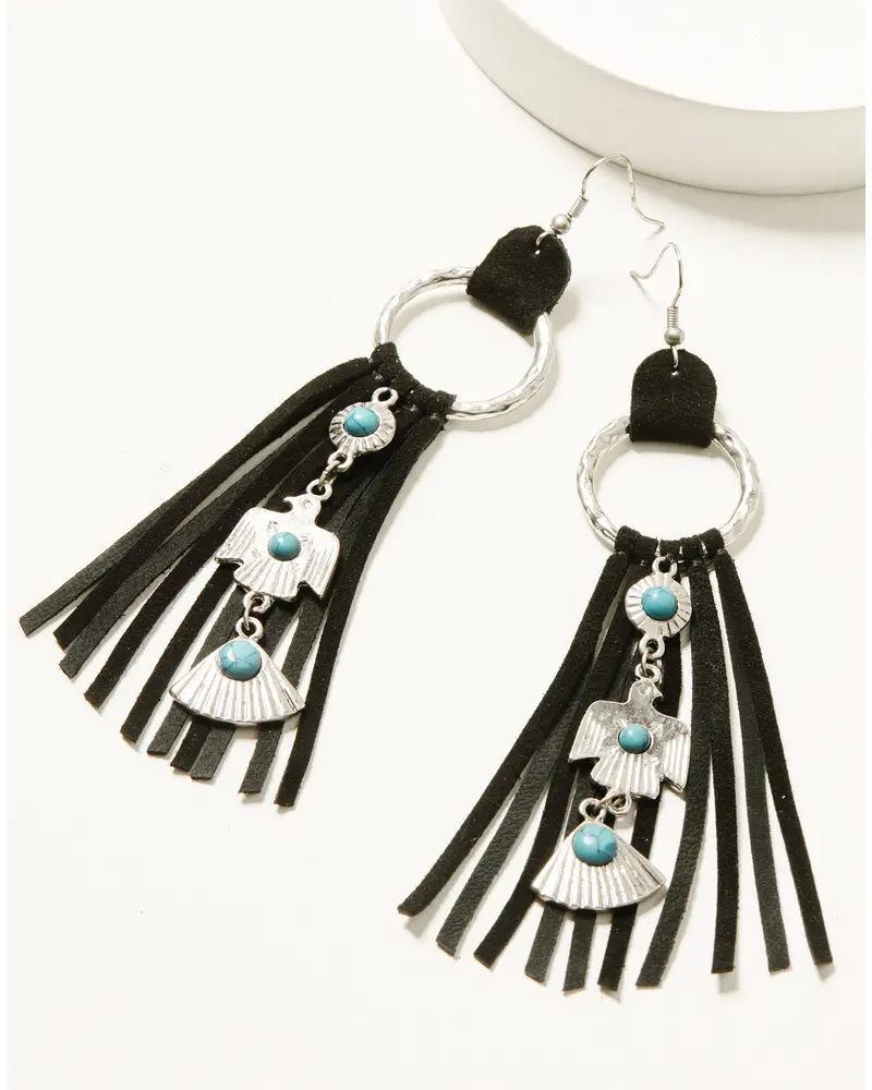 Garland Thunderbird Leather Fringe Earrings 1