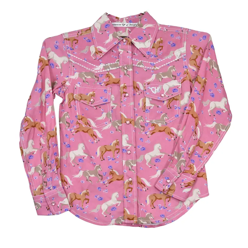 Girl's Cowboy Hardware Pink "Horse Flowers" Long Sleeve Western Shirt - 425694 1