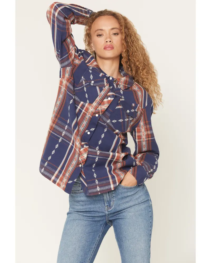 Glenmond Dobby Plaid Print Long Sleeve Snap Flannel Shirt 1
