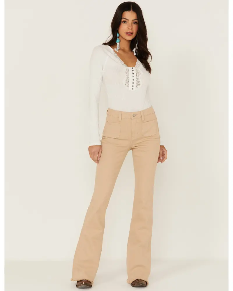 High Risin' Irish Cream Wash Stretch Front Patch Pocket Flare Jeans 1