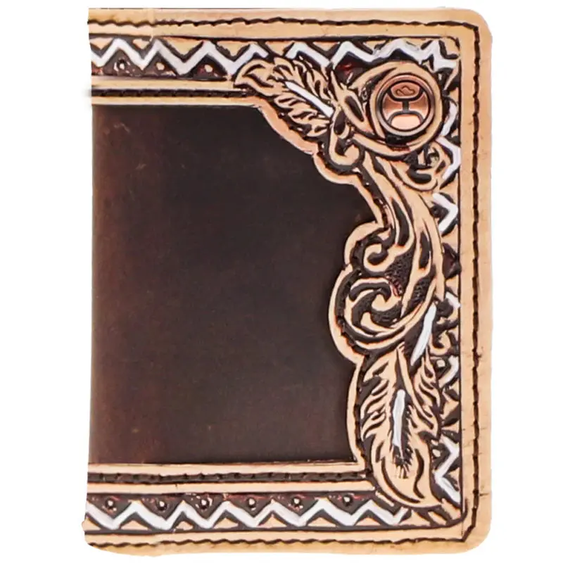 Hooey "War Paint" Brown/Tan Hand Tooled Aztec Feather Filigree Bifold Money Clip - Hfw030-Brtn 1
