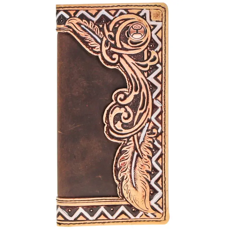 Hooey "War Paint" Brown/Tan Hand Tooled Aztec Feather Filigree Rodeo Wallet - Hw030-Brtn 1