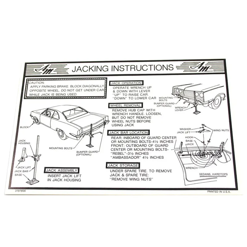 Jack Instructions Decal, 1969 Amc Ambassador, Rebel 1