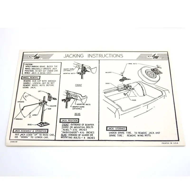 Jack Instructions Decal, Full Size Tire, 1970 Ambassador, Rebel (Except Wagon) 1