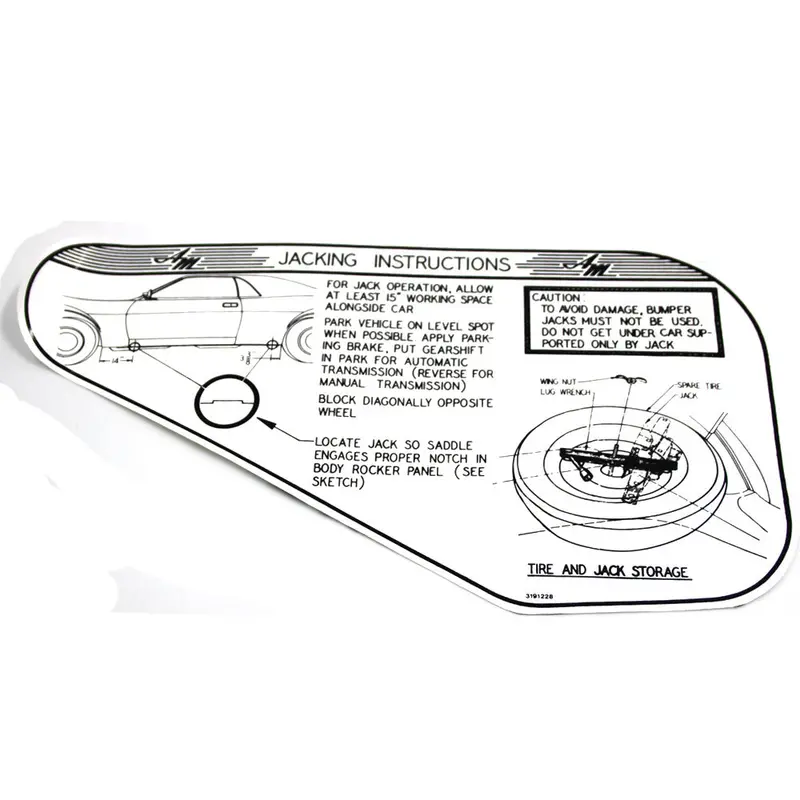 Jack Instructions Decal, Full Size Tire, 3191228, 1968-69 Amc Amx, Javelin 1
