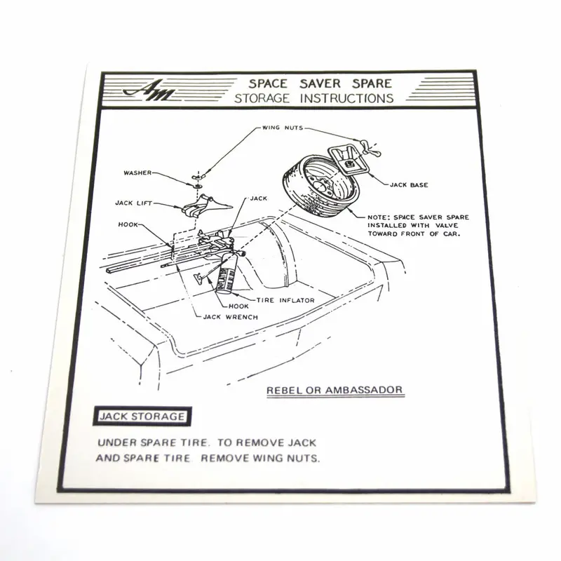 Jack Instructions Decal, Space Saver Tire, 1970 Ambassador, Rebel (Except Wagon) 1
