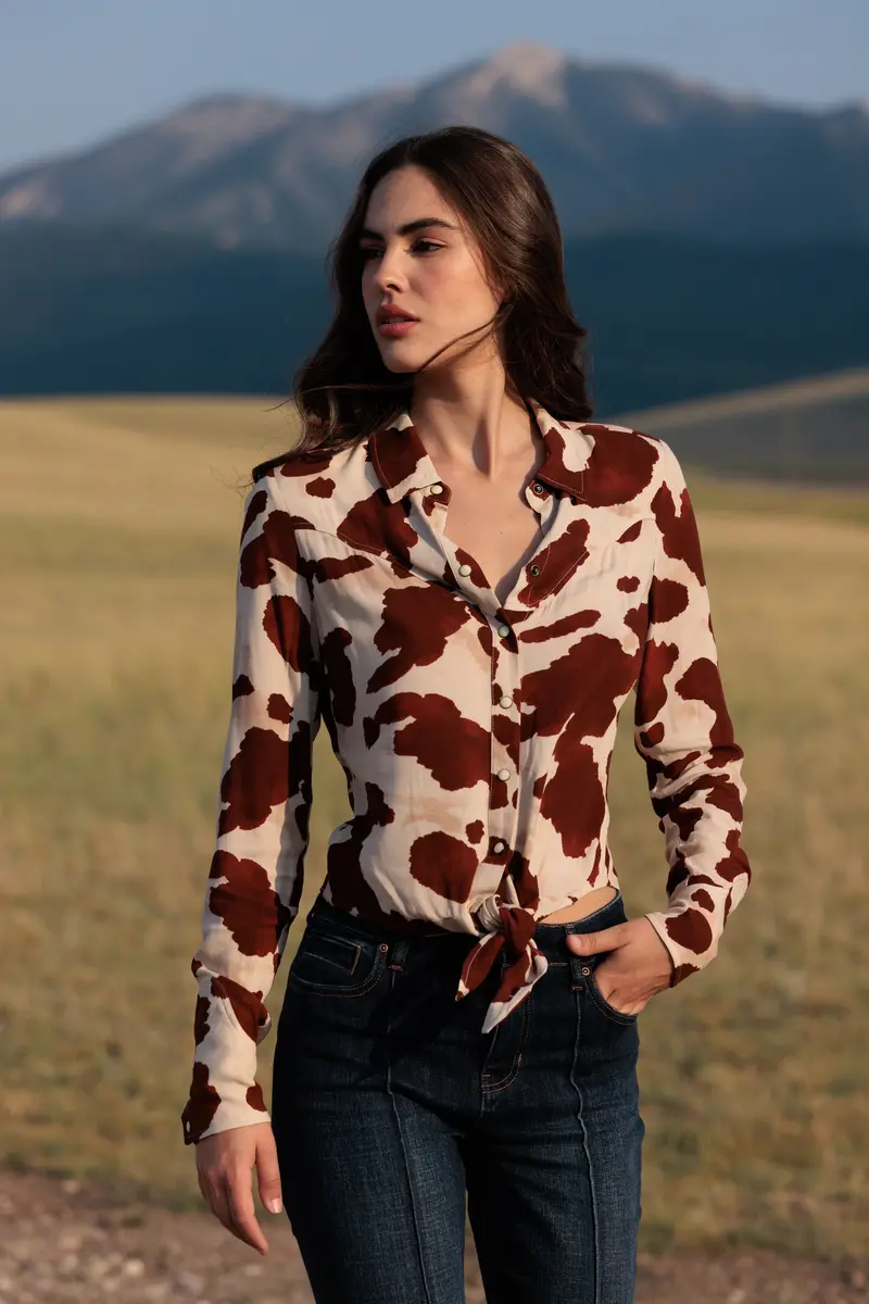 Jeny Cow Print Long Sleeve Snap Tie-Front Western Shirt 1