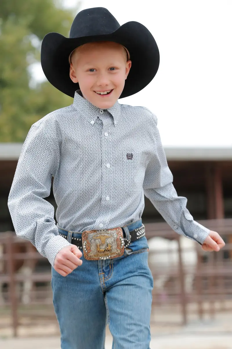 Kids Cinch White/Green Geo Print Long Sleeve Shirt - Mtw7060358 1