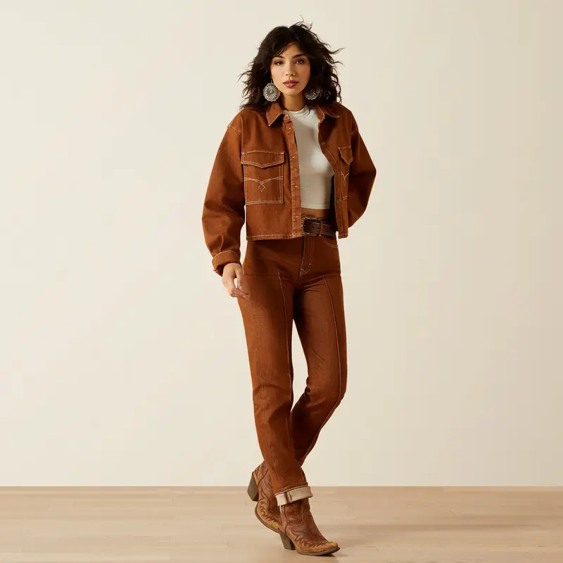 Ladies Ariat Boxy Cropped Pecan Brown Denim Jacket - 10063166 1