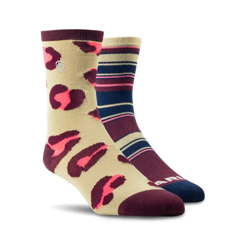 Ladies Ariat Cheetah Stripe Crew Sock 2 Pack - 10073215 1