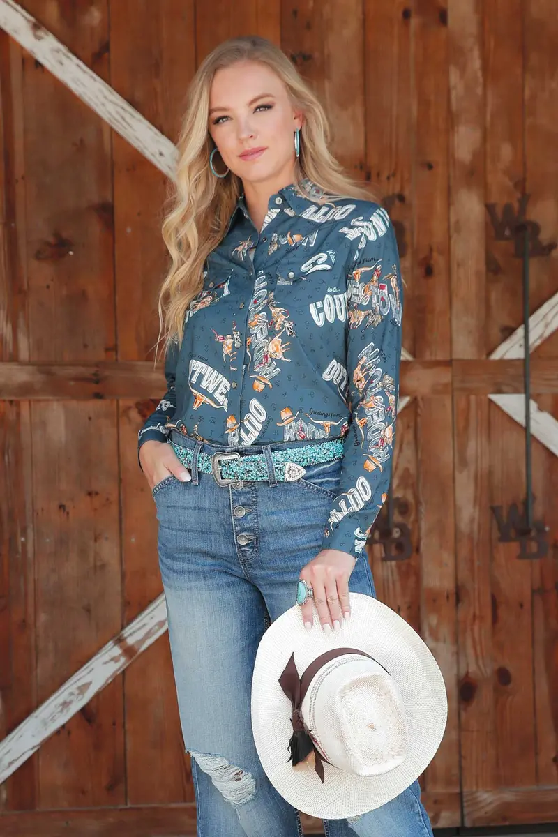 Ladies Cruel Denim Blue Print Long Sleeve Shirt - Ctw7343009 1