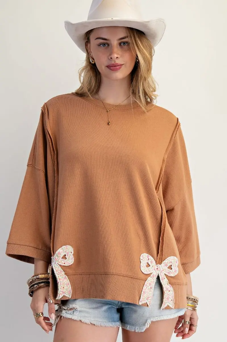Ladies Easel Bow Patch Bottom Hem Terry Pullover - Et28101 1