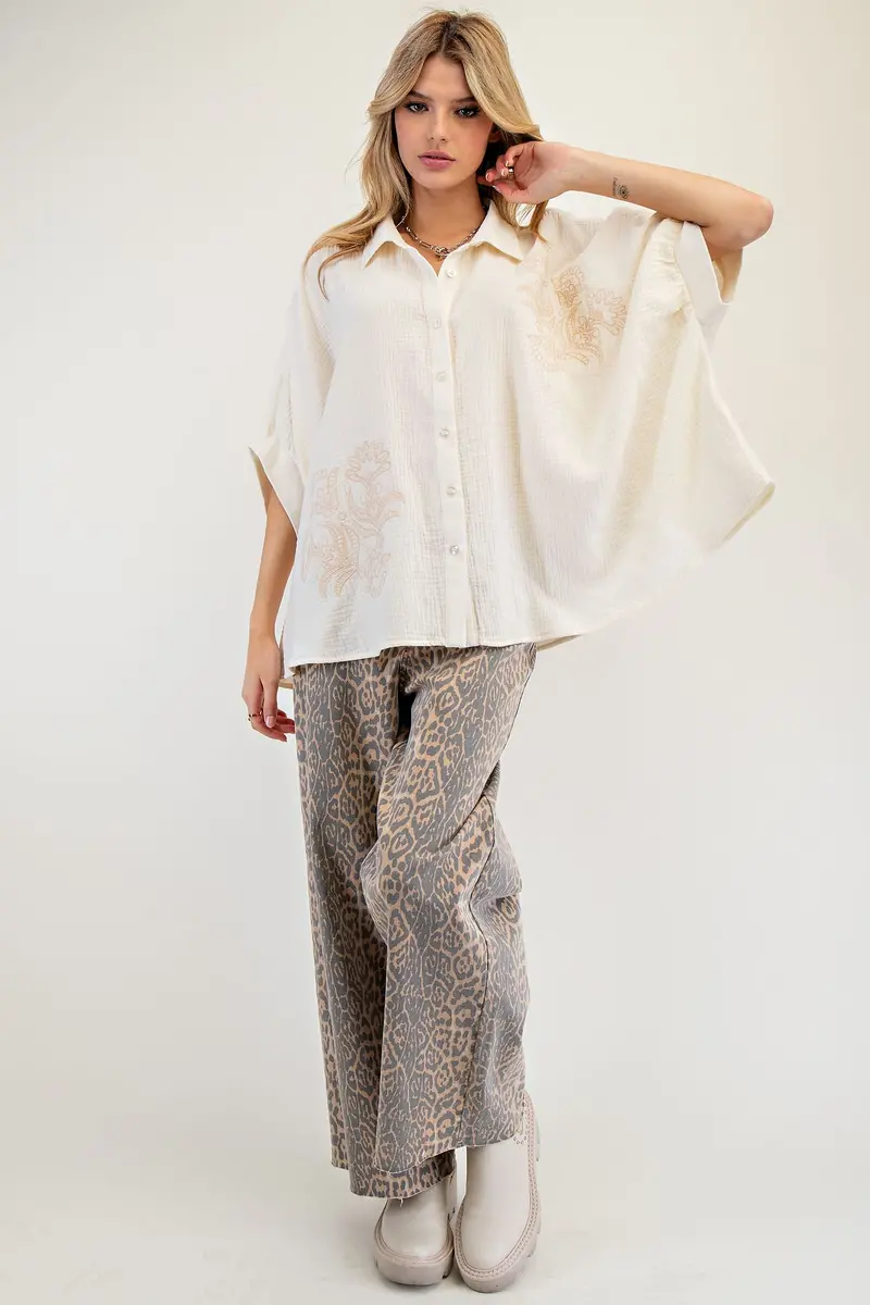 Ladies Easel Cotton Guaze Embroidered Button Down Shirt - Et25618 1