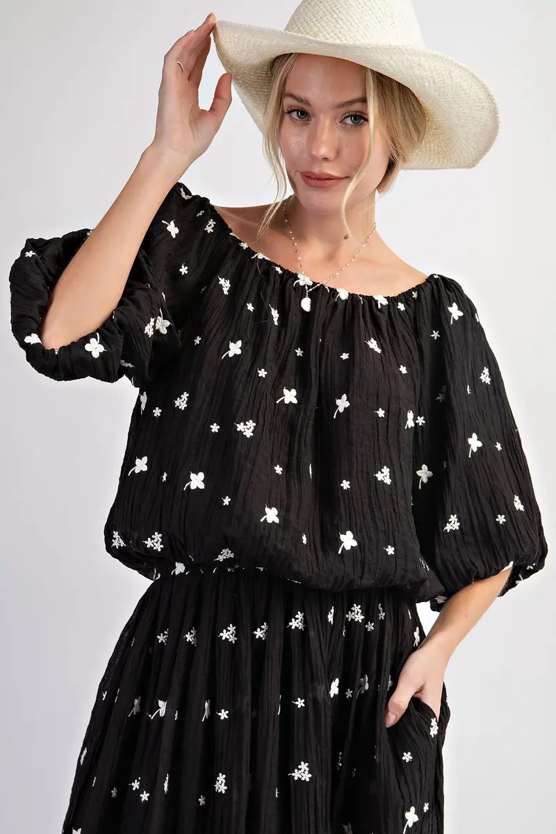 Ladies Easel Puff Sleeve Embroidery Polo Crepe Top - Et23646 1