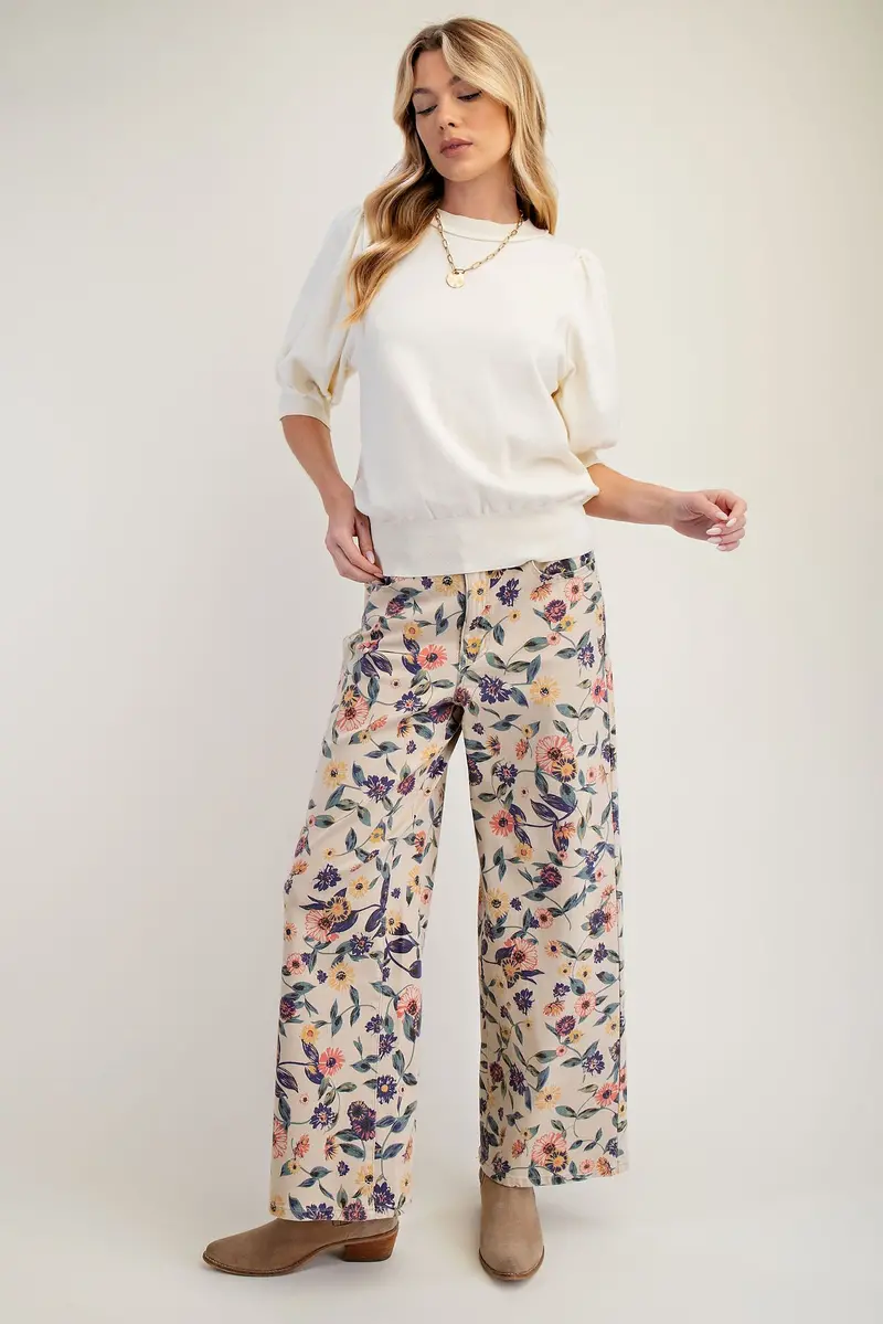 Ladies Easel Washed Floral Print Denim Twill Pants - Eb56074 1