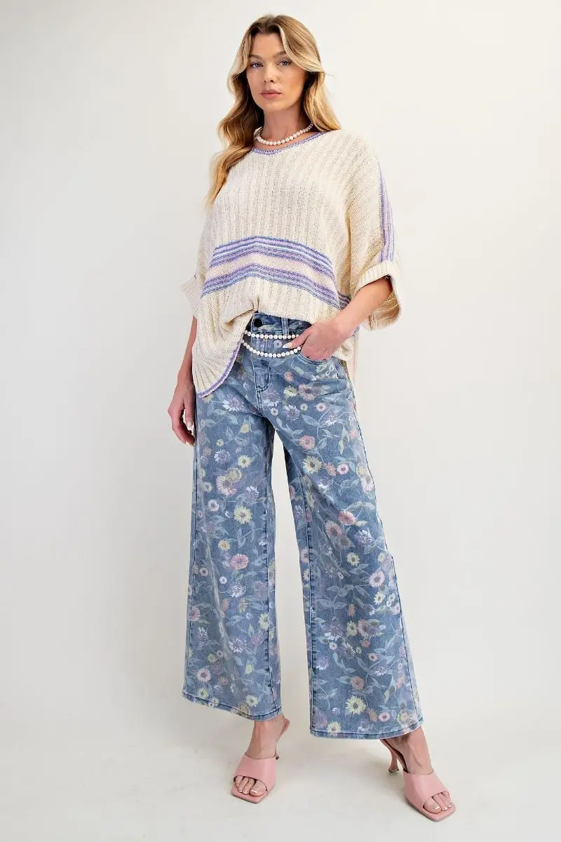 Ladies Easel Washed Floral Print Twill Pants - Washed Denim 1