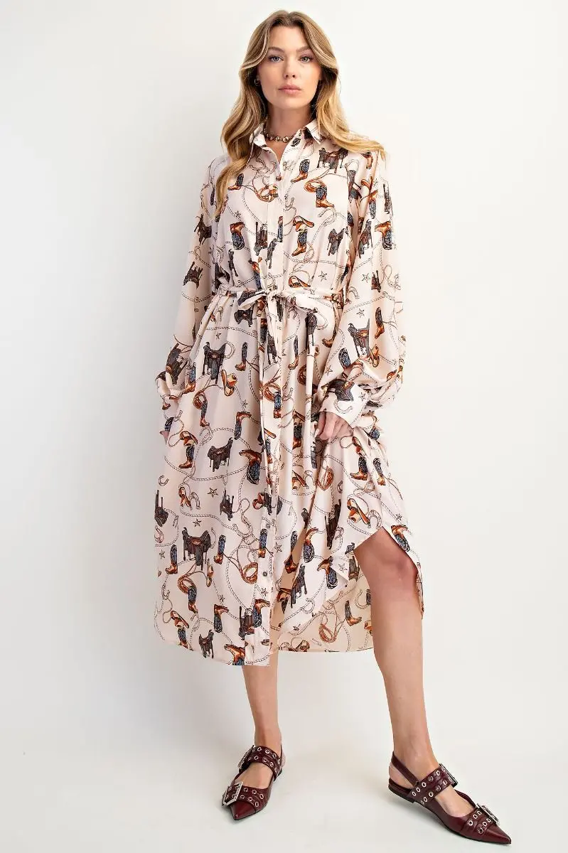 Ladies Easel Western Printed Satin Button Down Shirt Dress - Ed27993 1