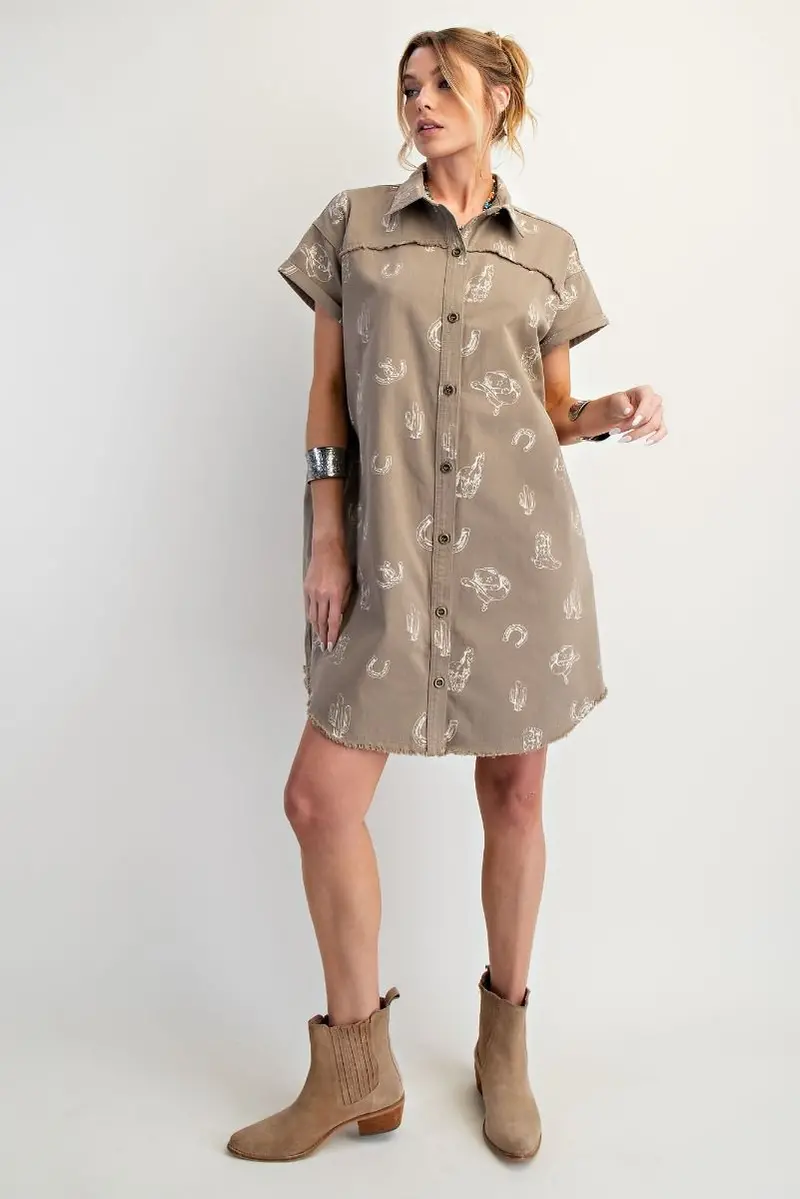 Ladies Easel Western Printed Washed Twill Shirt Dress - Ed28057 1