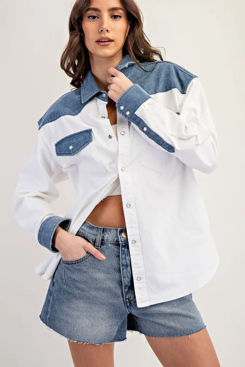 Ladies Eesome Color Block Denim Button Down Shirt - Th12434 1