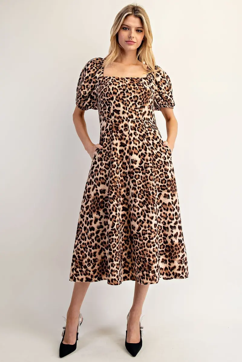 Ladies Eesome Leopard Puff Sleeve Square Neck Midi Dress - Dk14193 1