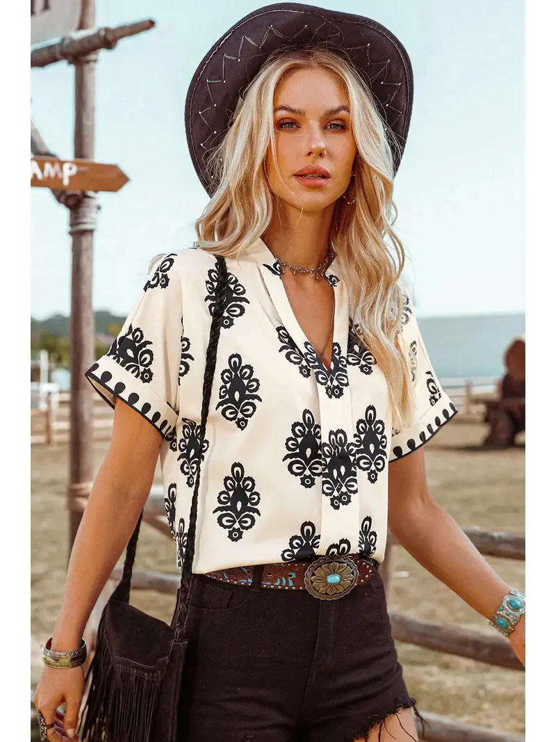 Ladies Fashion Works Boho Geometric Print Short Sleeve V Neck Blouse - Final Sale 1
