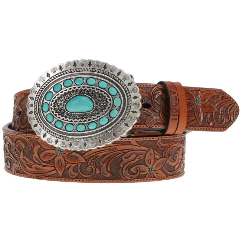 Ladies Hooey "Medina" Classic Belt Brown/Turqoise With Turqoise Rodeo Buckle - Hwblt021 1