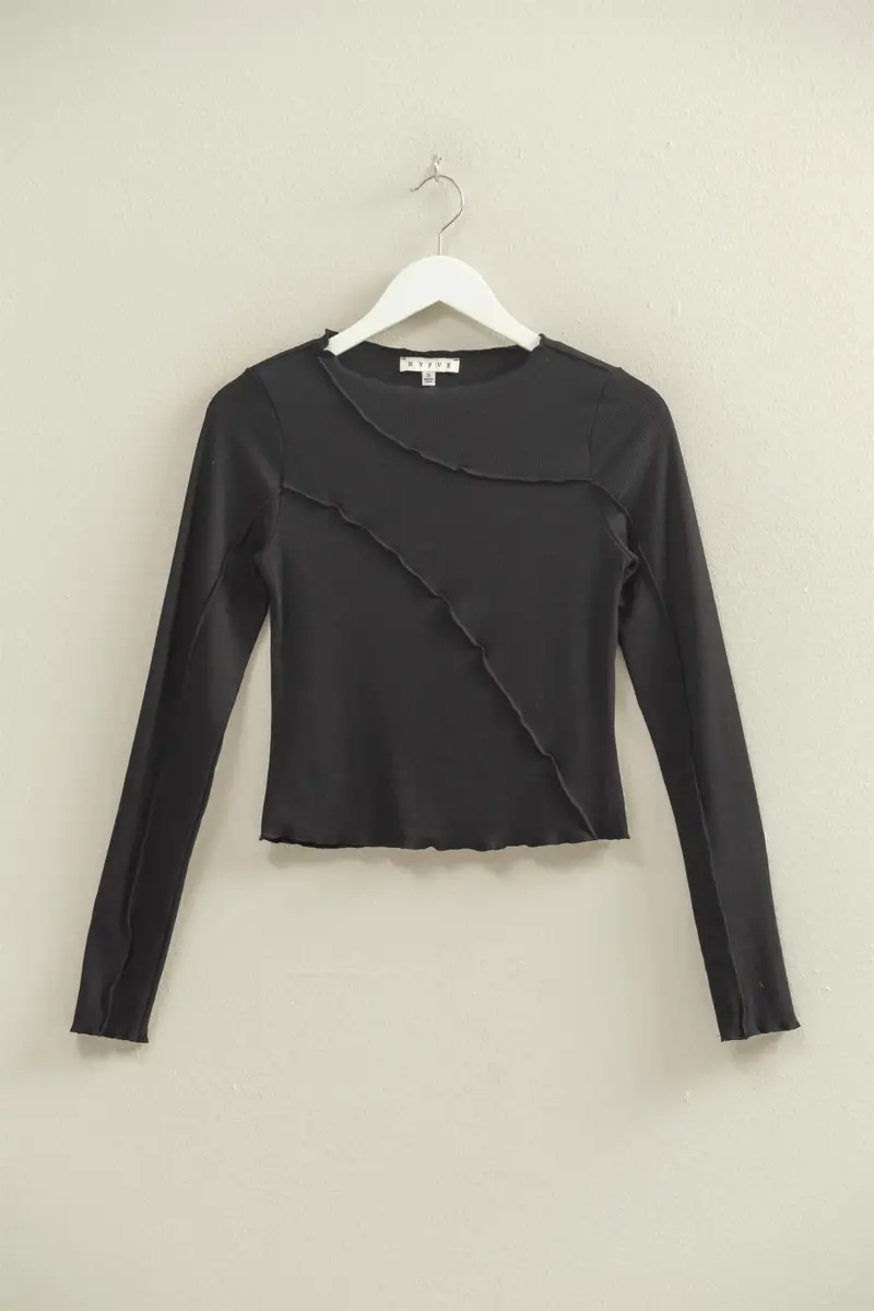 Ladies Hyfve Asymmetrical Raw Edge Knit Long Sleeve Top - Hf25f358black 1
