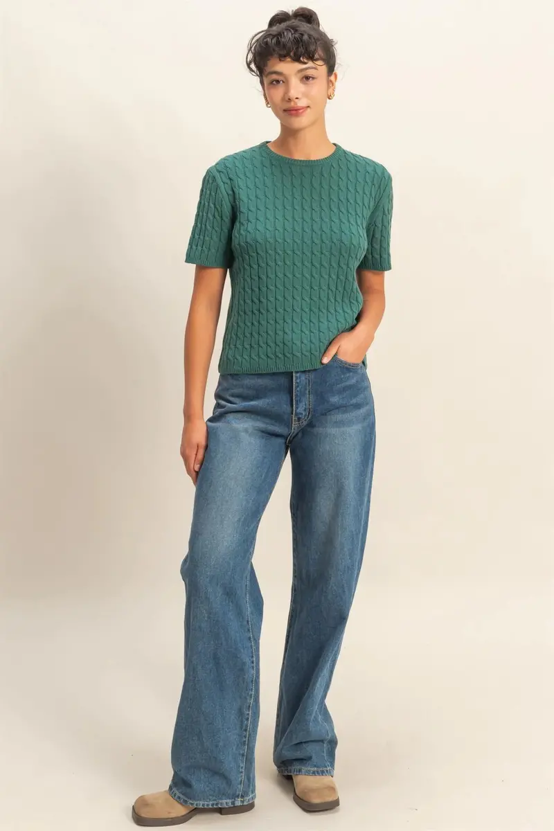 Ladies Hyfve Cable Knit Short Sleeve Sweater Top - Dz25f138 1