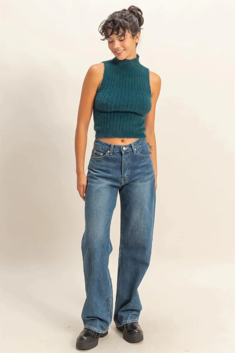 Ladies Hyfve Deep Green Ribbed Sleeveless High Neck Knit Top - Dz25f113 1
