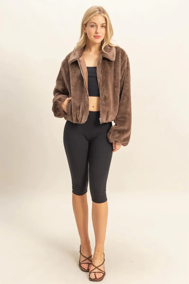 Ladies Hyfve Faux Fur Zip Up Jacket With Plush Collar - Hf25e940 1