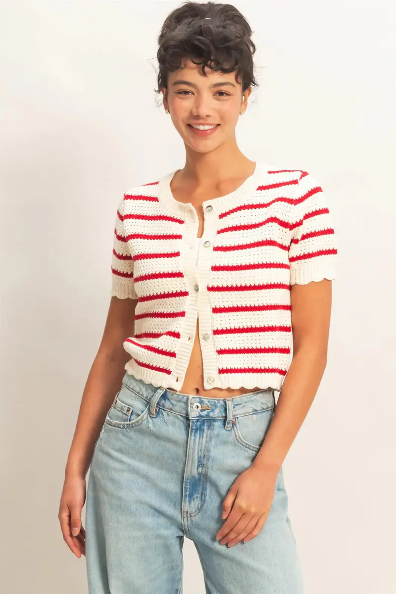 Ladies Hyfve Striped Short Sleeve Cardigan With Scallop Edge - Dz26a605 1