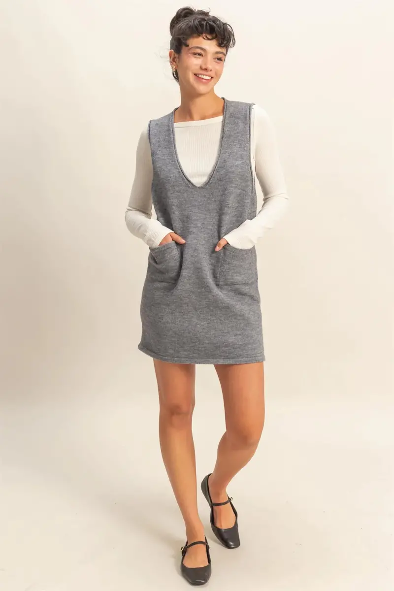 Ladies Hyfve V Neck Sleeveless Knit Mini Dress - Dz25c935charcoal 1