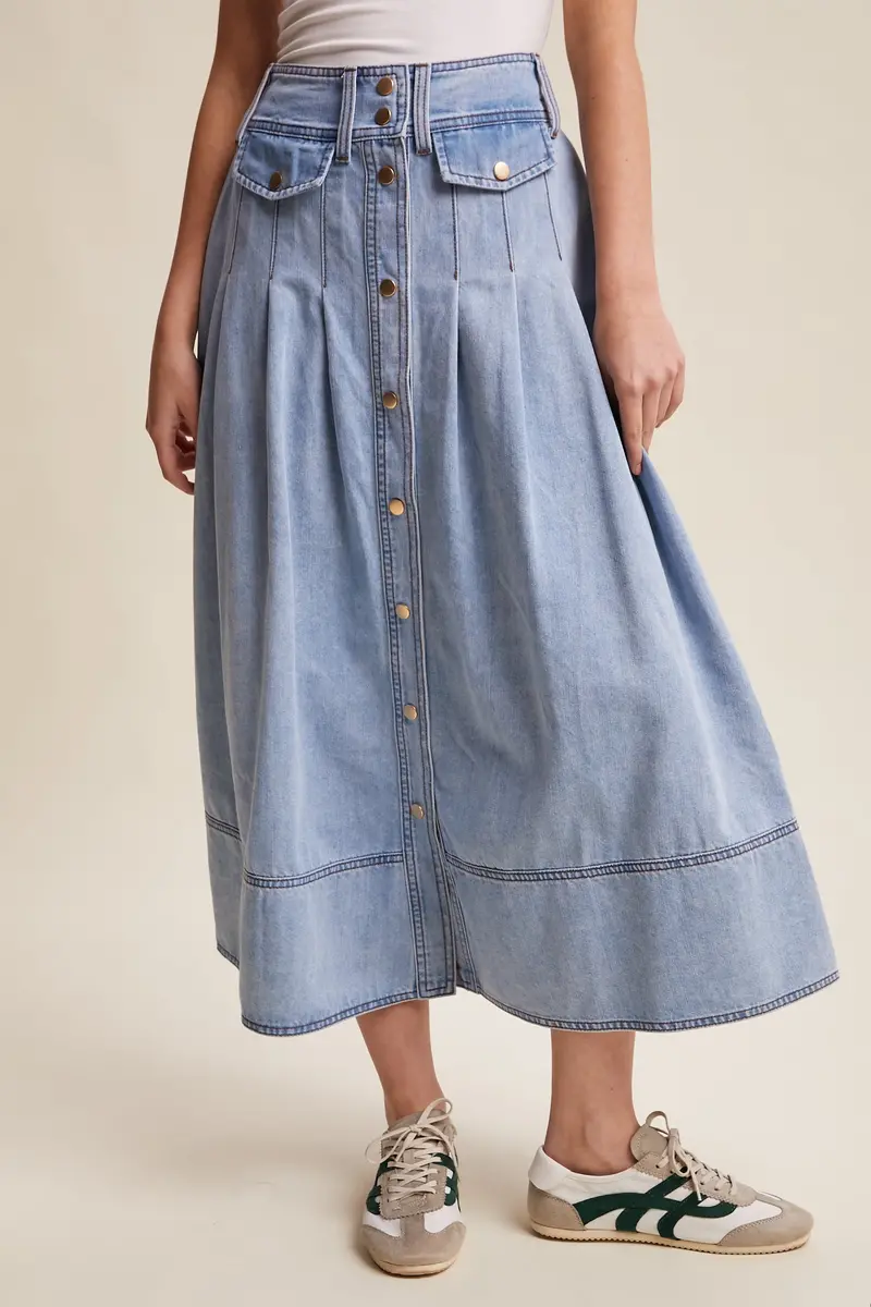 Ladies Listicle Button Front Pleated Denim Maxi Skirt - Lsk0278 1