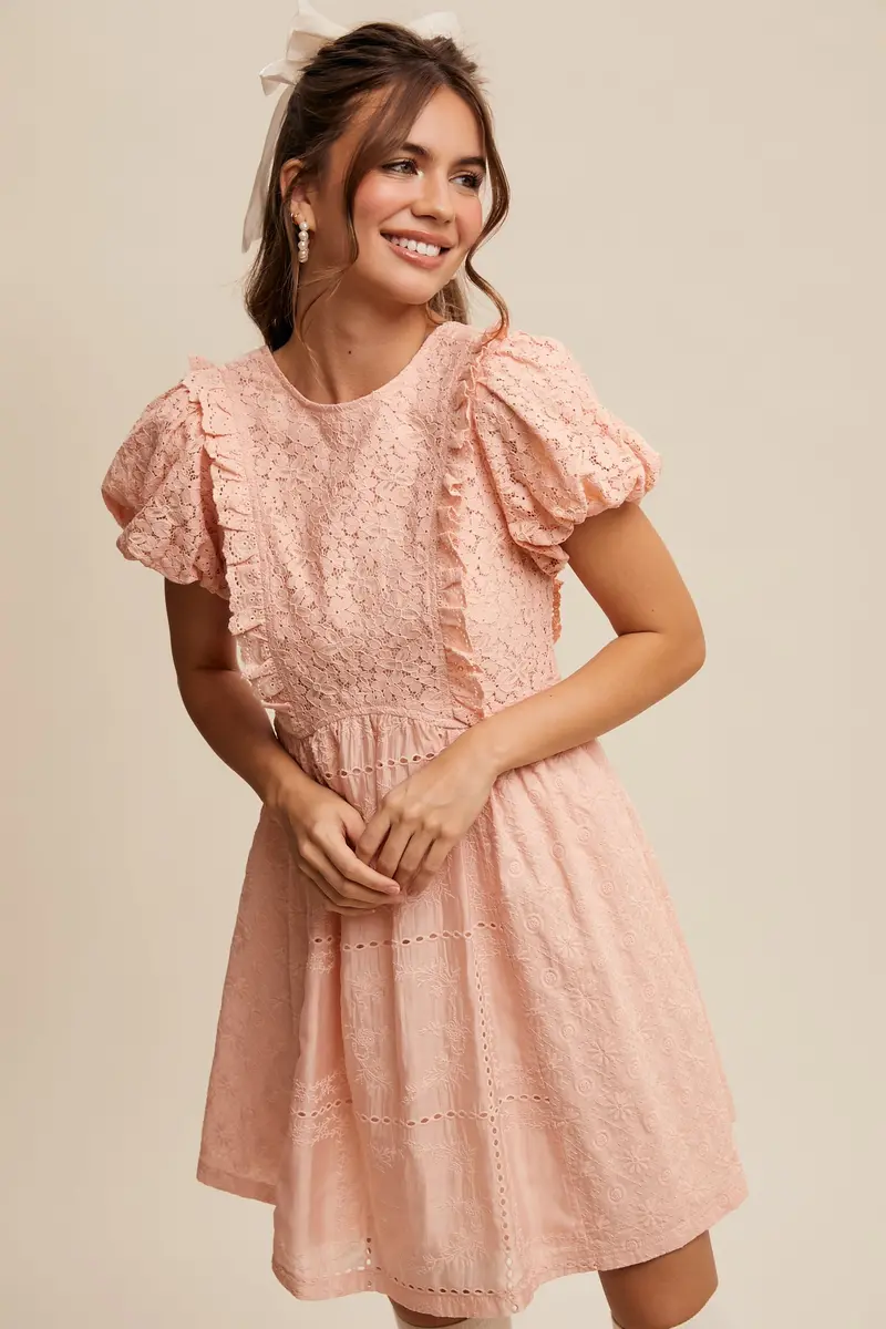 Ladies Listicle Lace Mixed Fabric Puff Sleeve Mini Dress - Ld1511 1