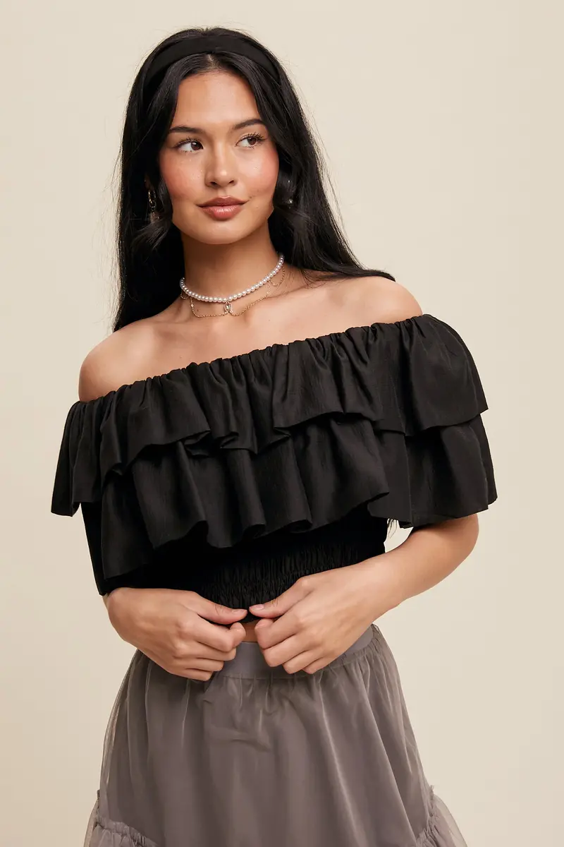 Ladies Listicle Tiered Ruffle Smocked Crop Top - Lt1342-Blk 1