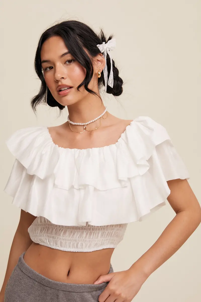 Ladies Listicle Tiered Ruffle Smocked Crop Top - Lt1342-Wht 1