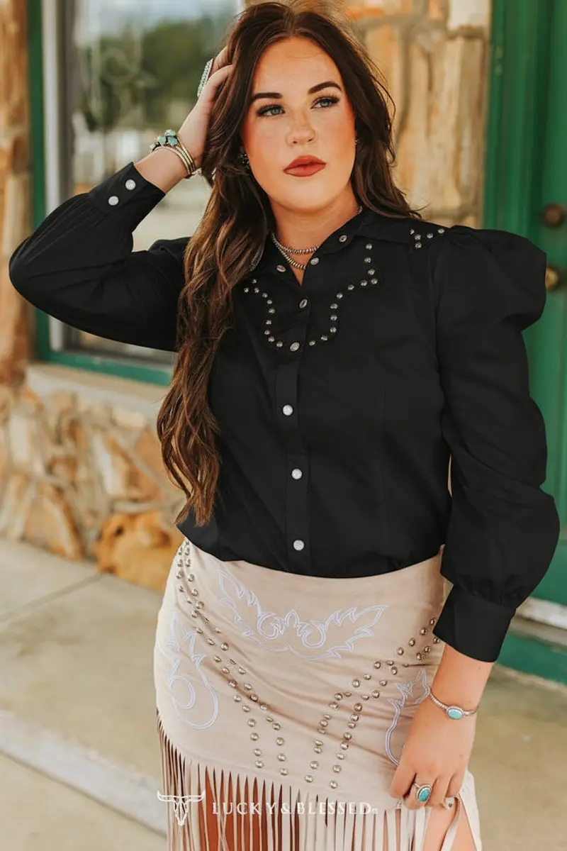 Ladies Lucky & Blessed Black Pearl Snap Puff Sleeve Studded Shirt - To957blk 1