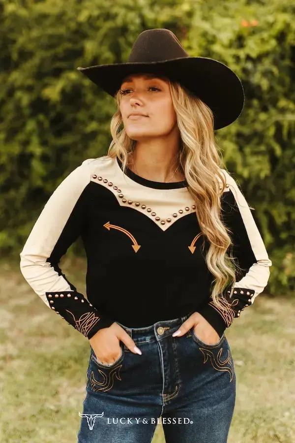 Ladies Lucky & Blessed Black Western Contrast Biege Studded Shirt - To1150 1