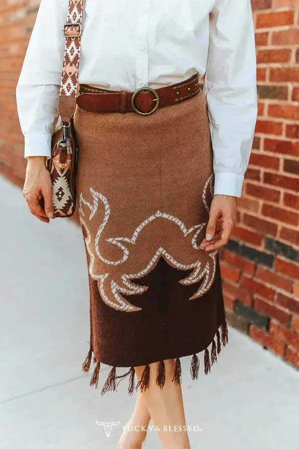 Ladies Lucky & Blessed Brown Aztec Knit Sweater Fringe Back Slit Skirt - Sk452 1