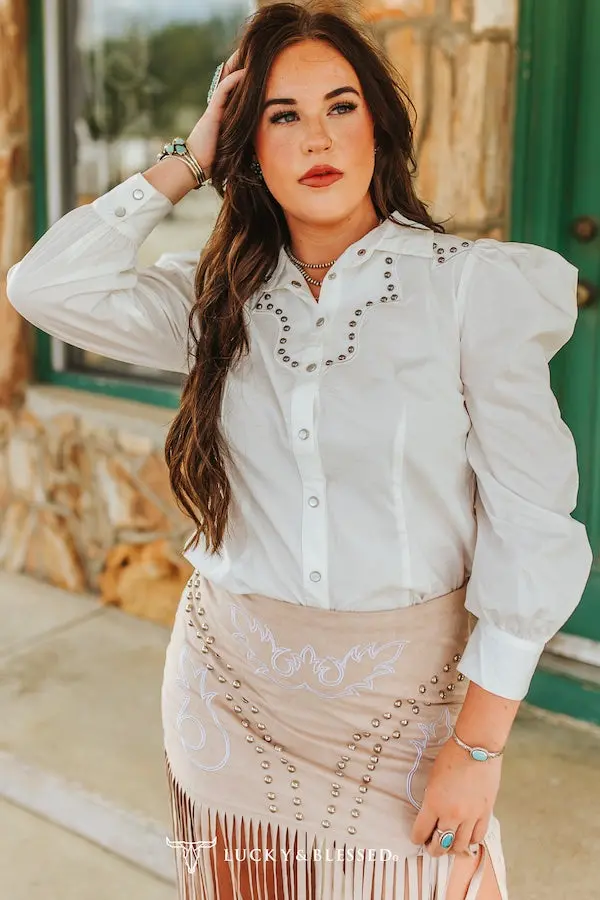 Ladies Lucky & Blessed Ivory Pearl Snap Puff Sleeve Studded Shirt - To957ivy 1